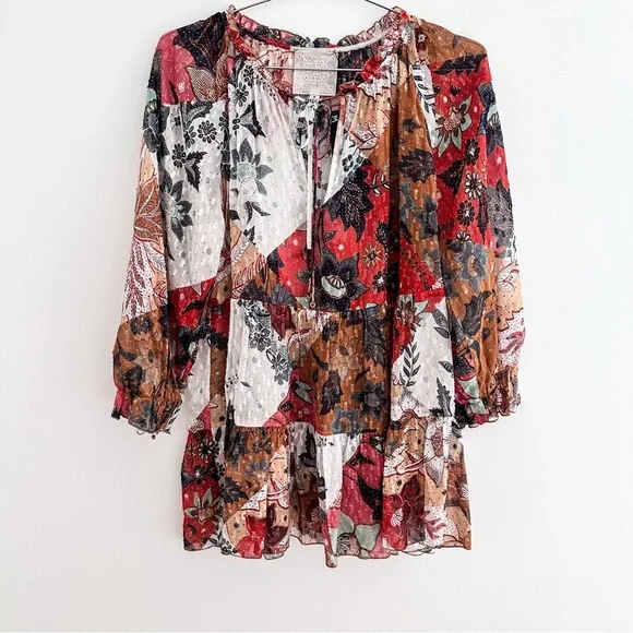 Johnny Was Claire Floral-print Tiered Chiffon Blouse Silk Blend